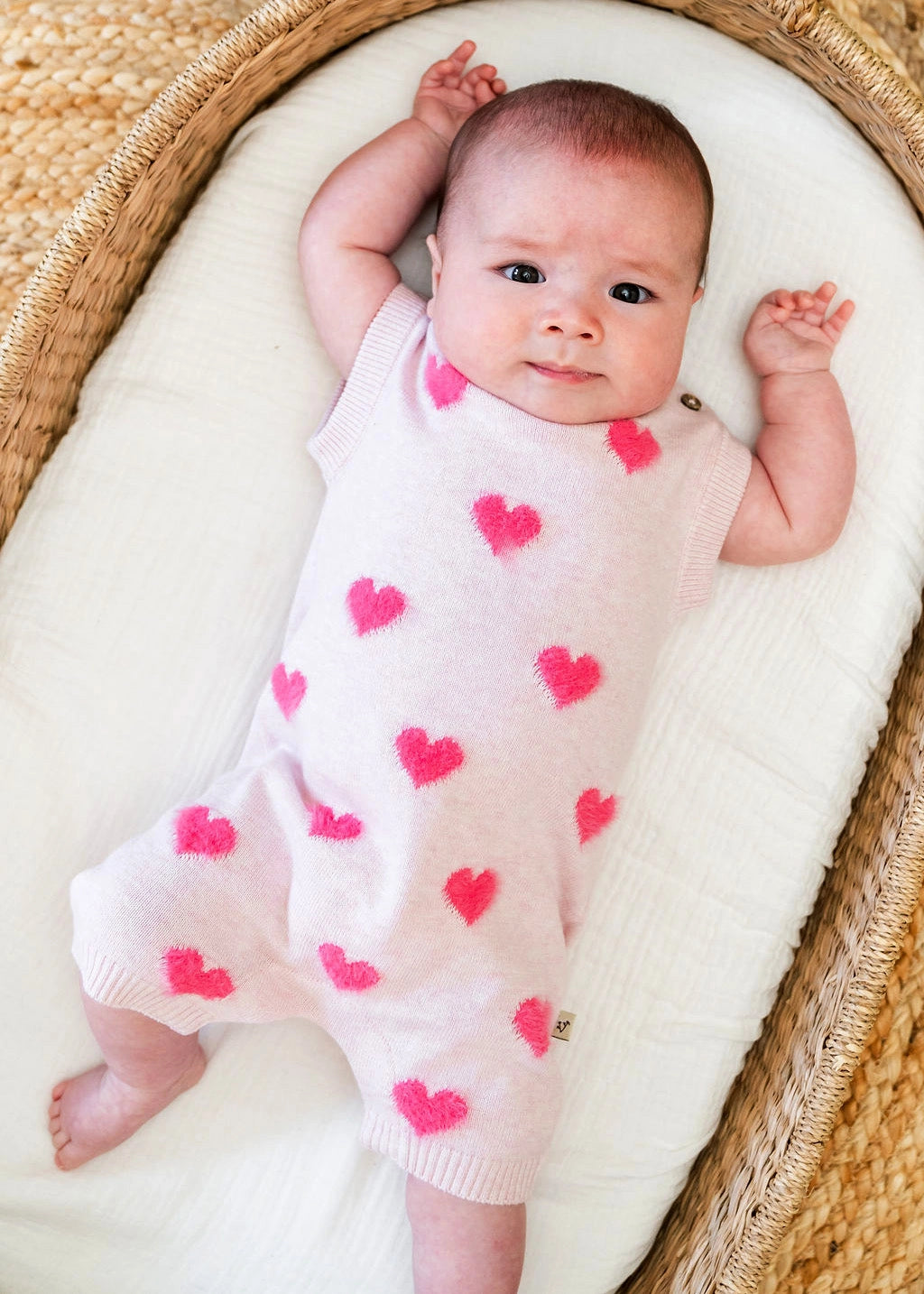 Fuzzy Hearts Jacquard Knit Short Sleeve Baby Romper Organic