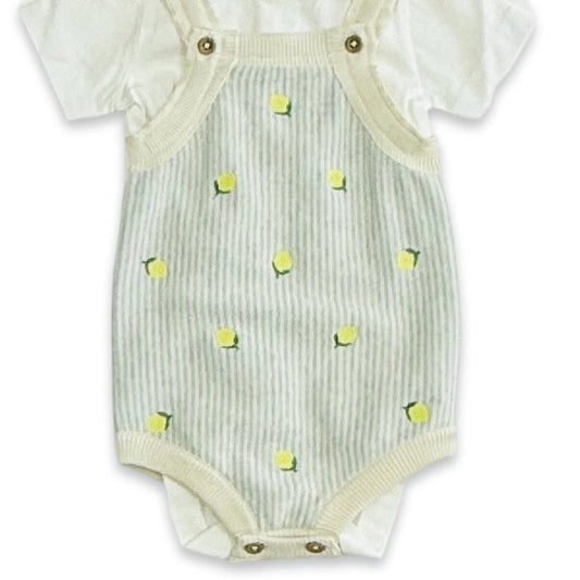 Lemon Stripe Embroidered Knit Baby Romper Set