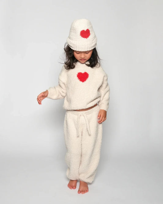 Fuzzy Heart Sweater Ecru Crimson