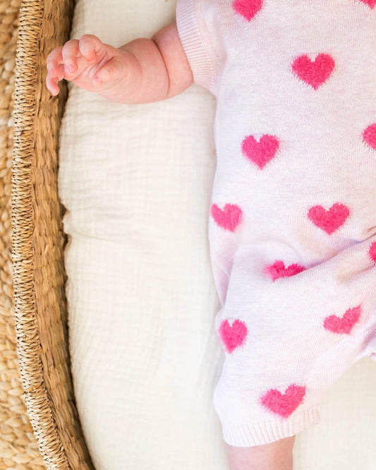 Fuzzy Hearts Jacquard Knit Short Sleeve Baby Romper Organic