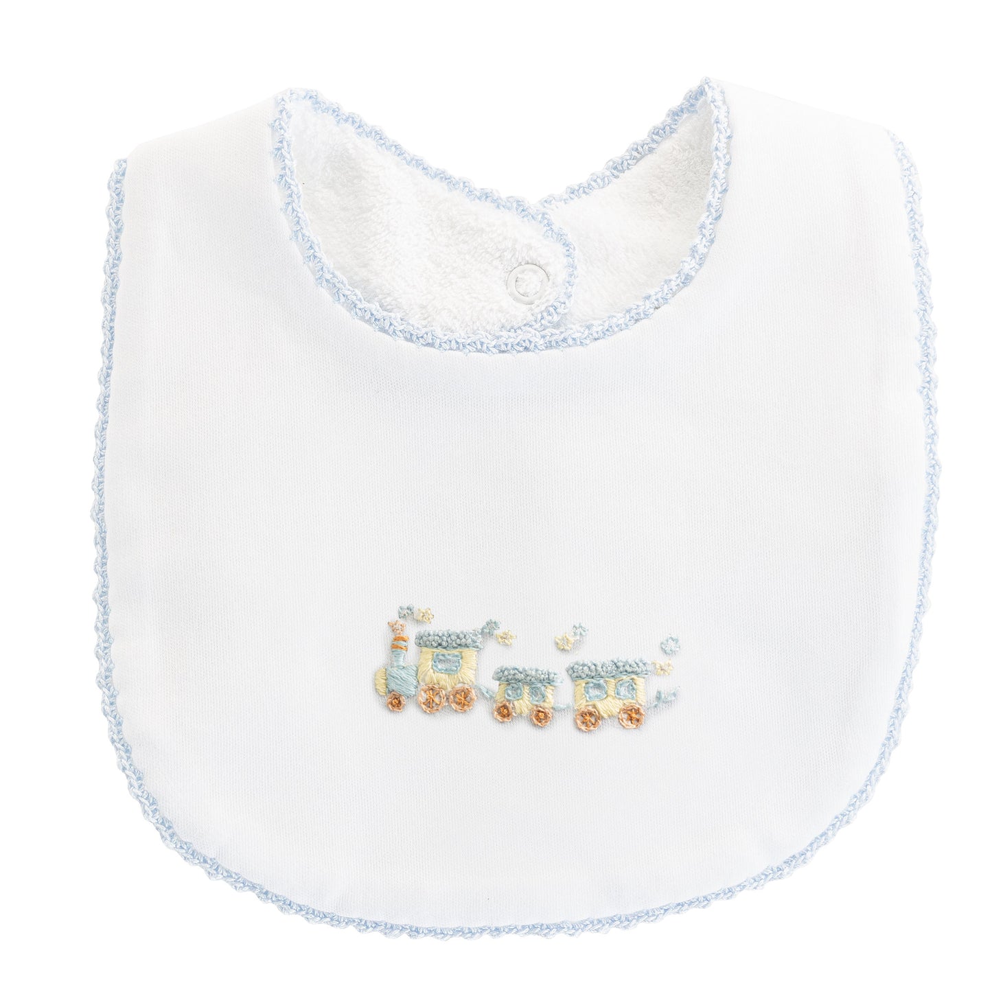 Little Train Bib w/Blue Crochet Trim
