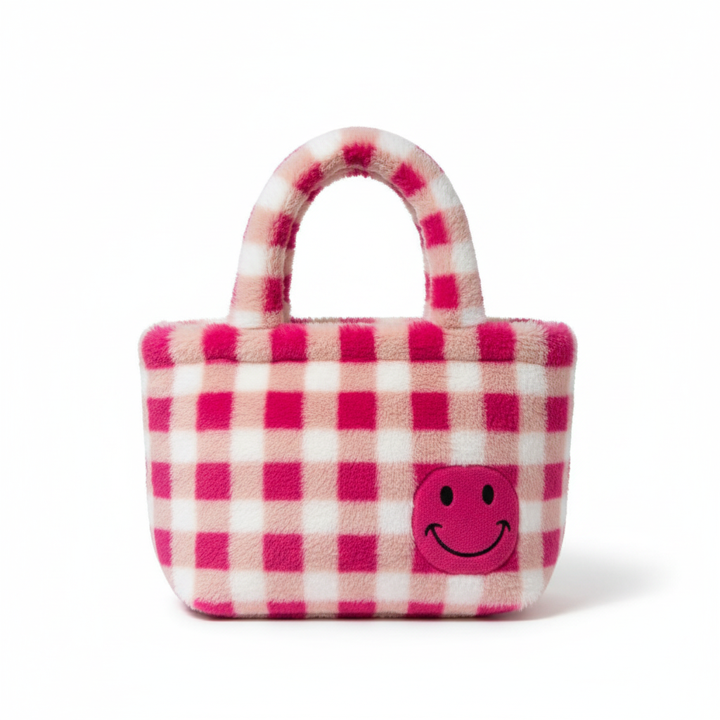 FAUX FUR TOTE PINK CHECK