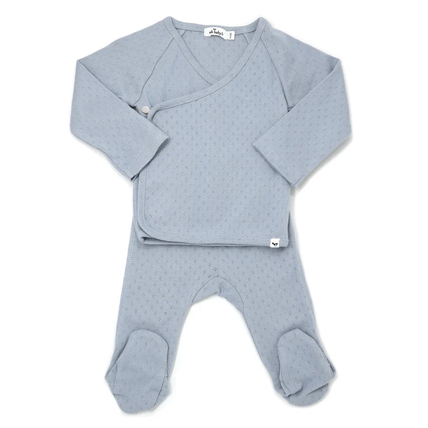 Pointelle Kimono Footie Set - Dusty Blue