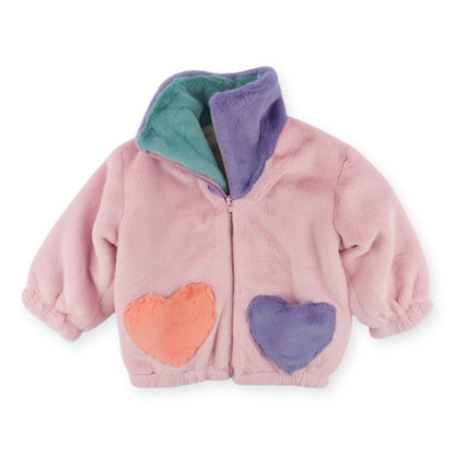 Love Hearts Pockets Faux Fur Jacket - Cotton Candy
