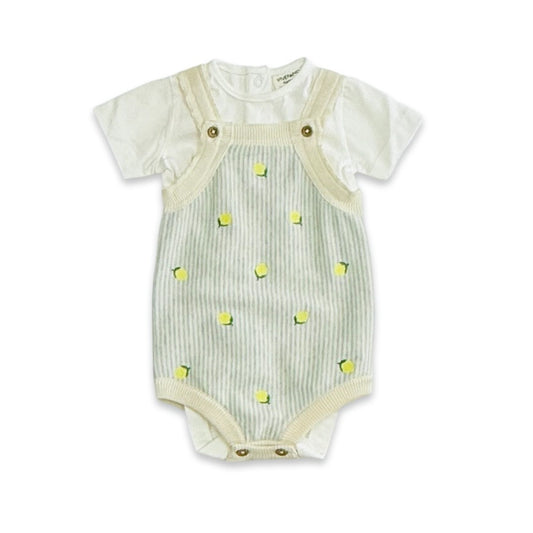 Lemon Stripe Embroidered Knit Baby Romper Set