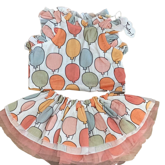 Balloon Print Tutu Skirt Set Oyster
