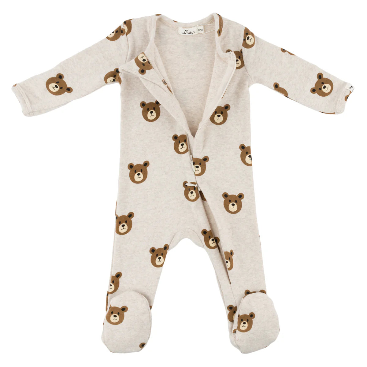 Teddy Bear Face Print Zipper Footie-Malt