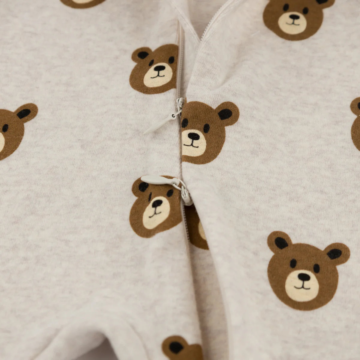 Teddy Bear Face Print Zipper Footie-Malt