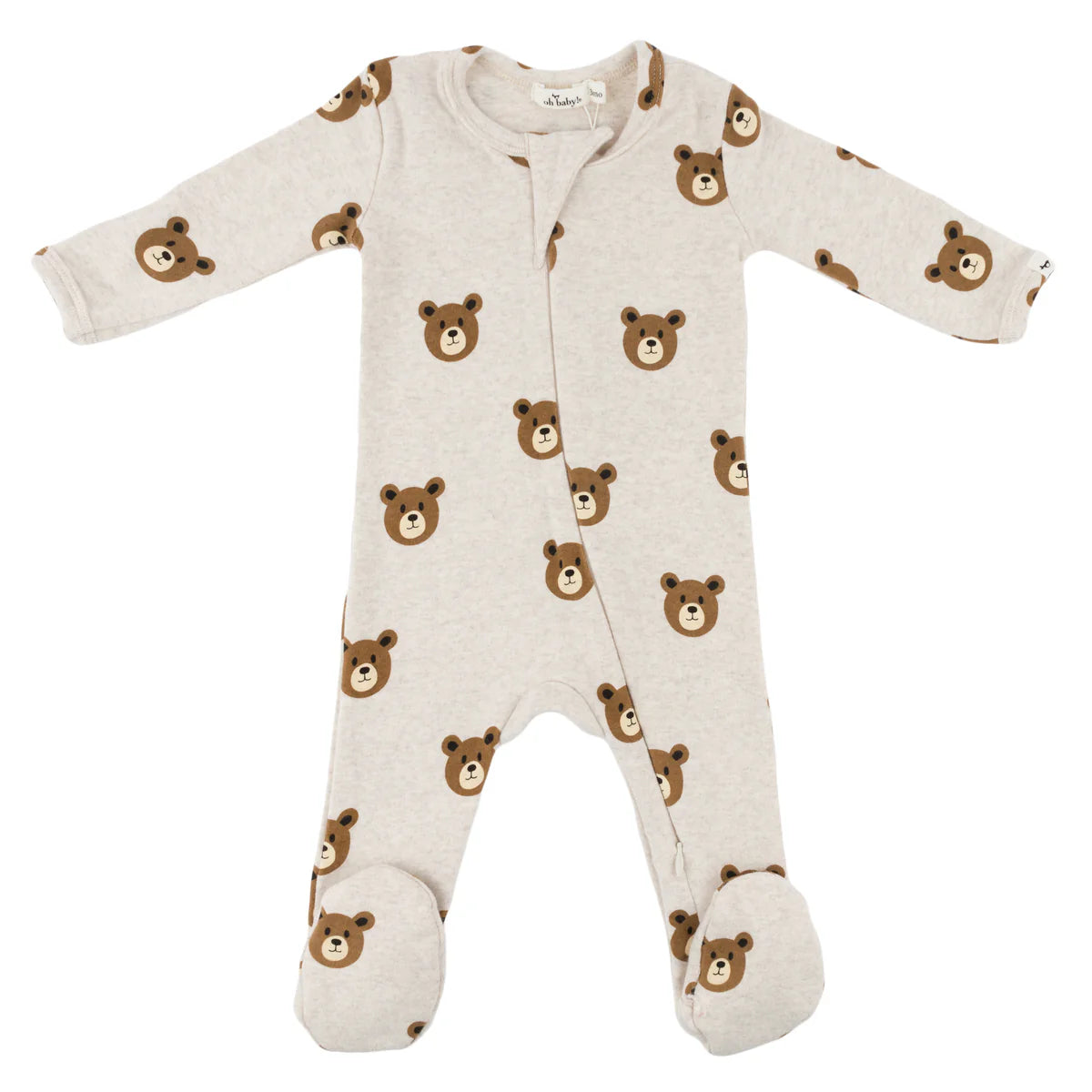 Teddy Bear Face Print Zipper Footie-Malt