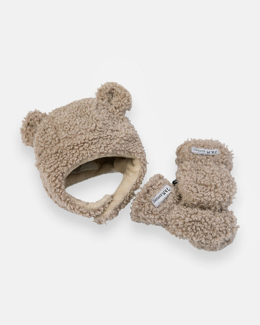 Teddy Cub Set Hat & Mittens - Oatmeal