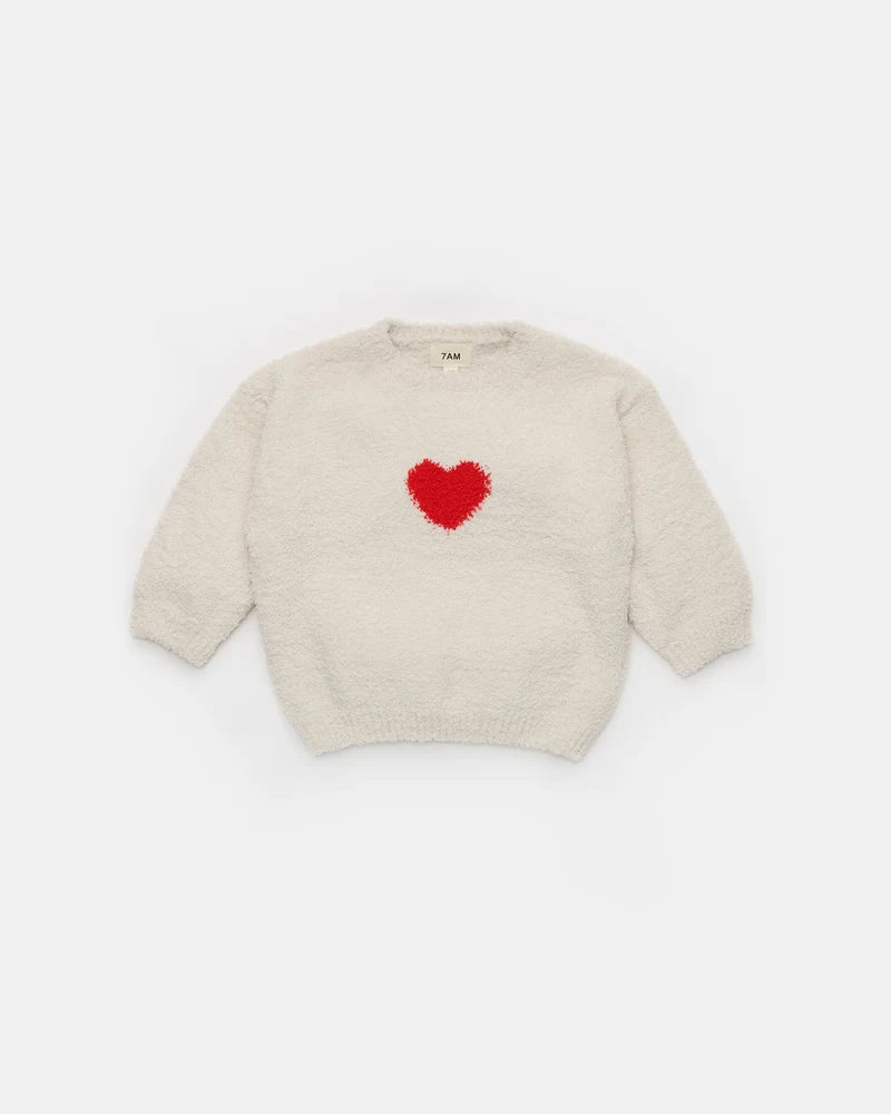 Fuzzy Heart Sweater Ecru Crimson