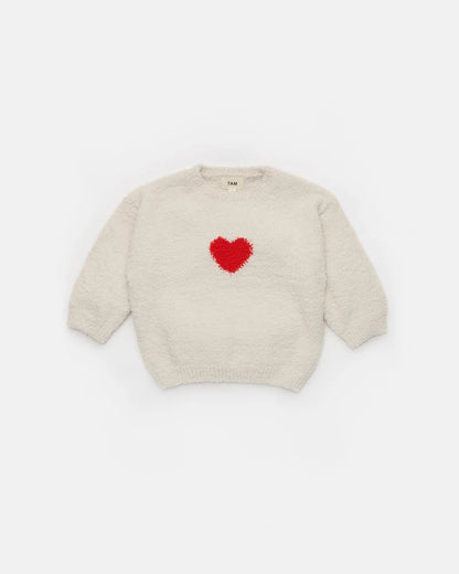 Fuzzy Heart Sweater Ecru Crimson