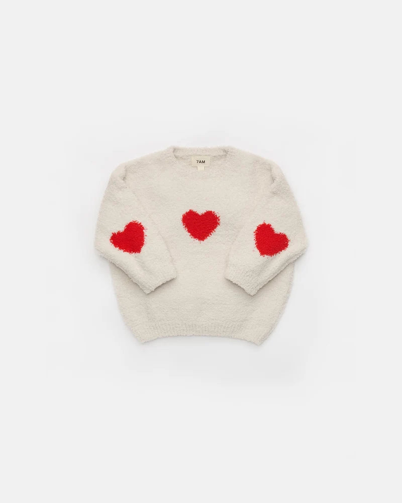 Fuzzy Heart Sweater Ecru Crimson