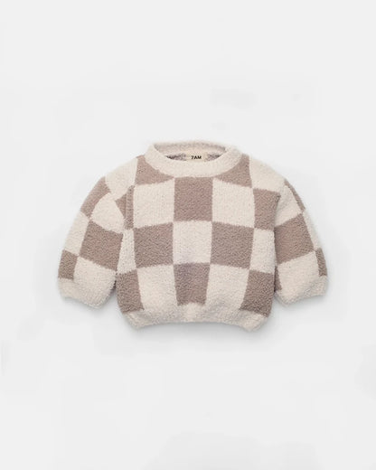 Fuzzy Checkers Sweater Ecru Taupe