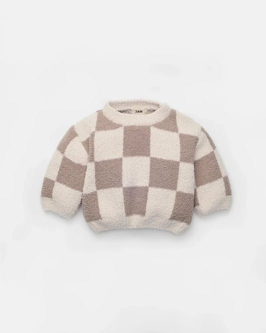 Fuzzy Checkers Sweater Ecru Taupe