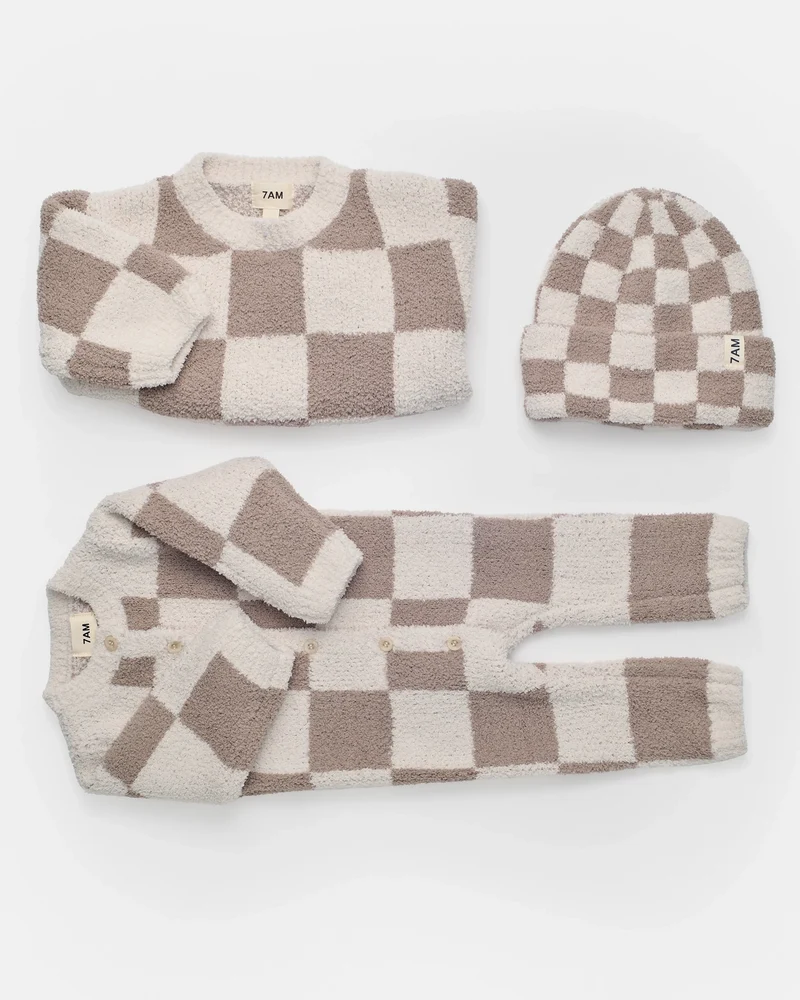 Fuzzy Checkers Sweater Ecru Taupe
