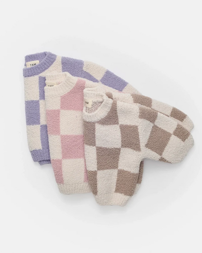 Fuzzy Checkers Sweater Ecru Taupe