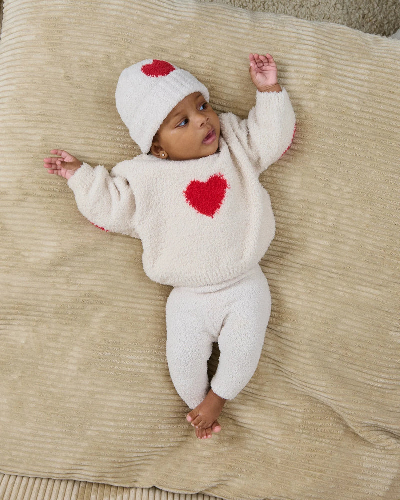 Fuzzy Heart Sweater Ecru Crimson