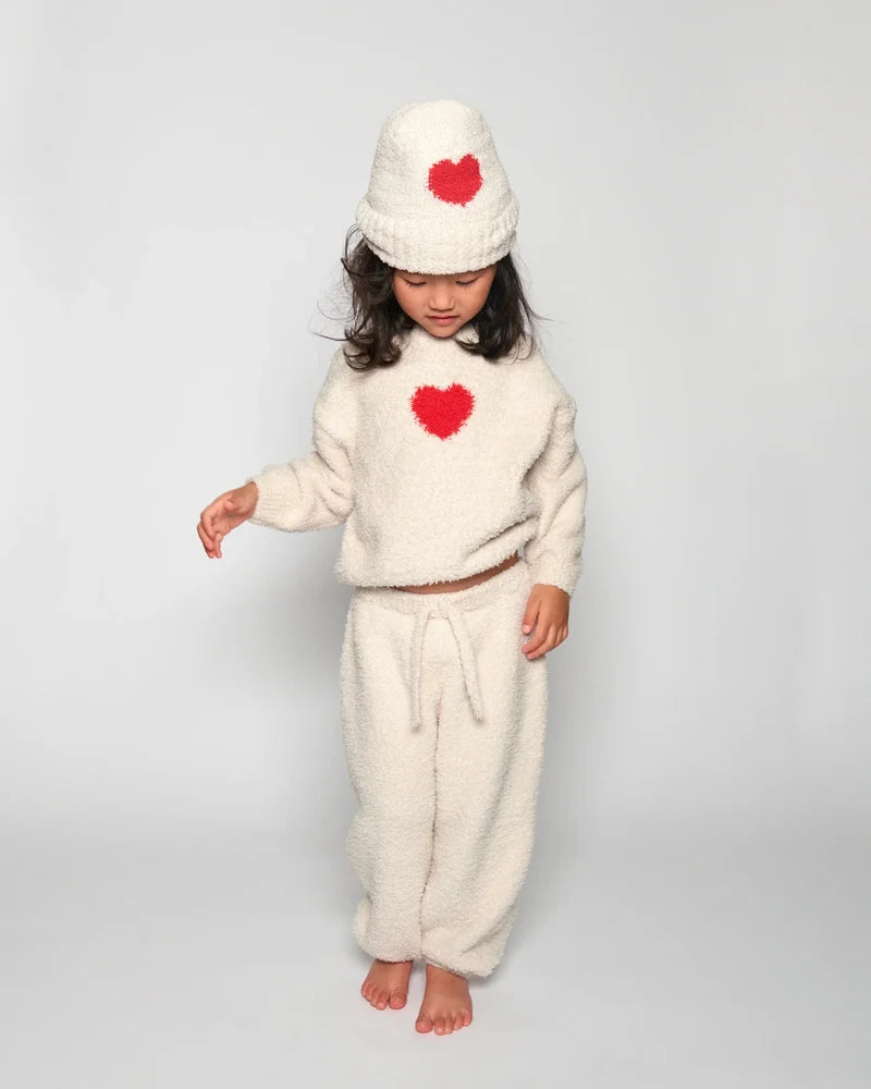 Fuzzy Heart Sweater Ecru Crimson