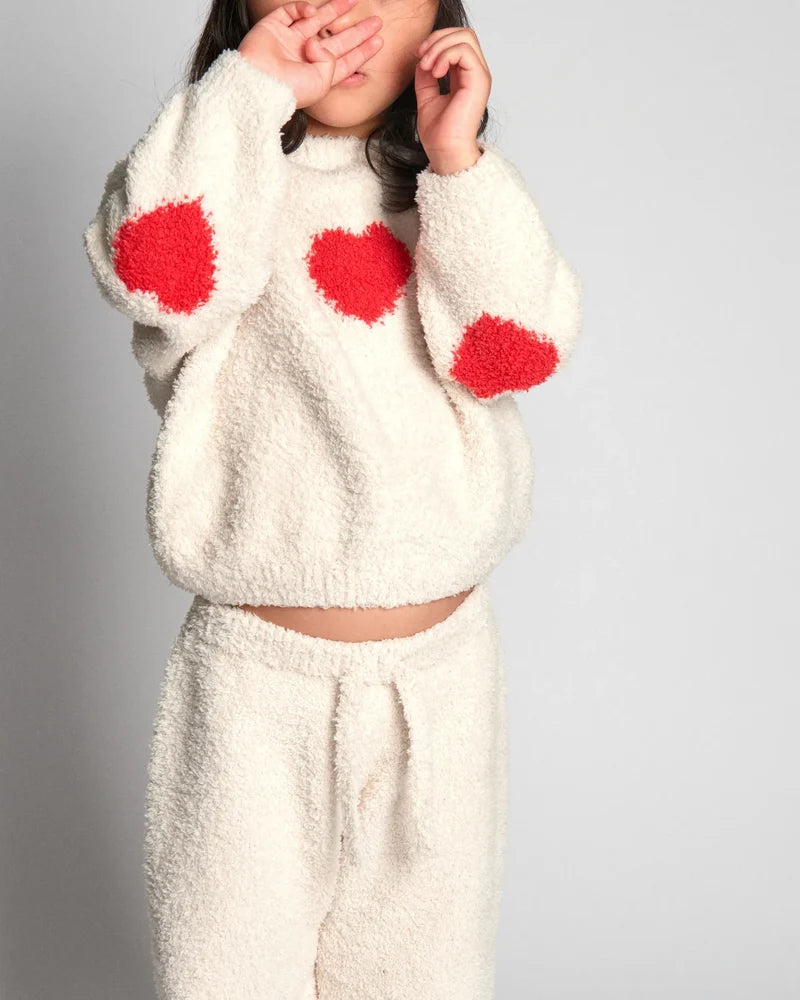 Fuzzy Heart Sweater Ecru Crimson