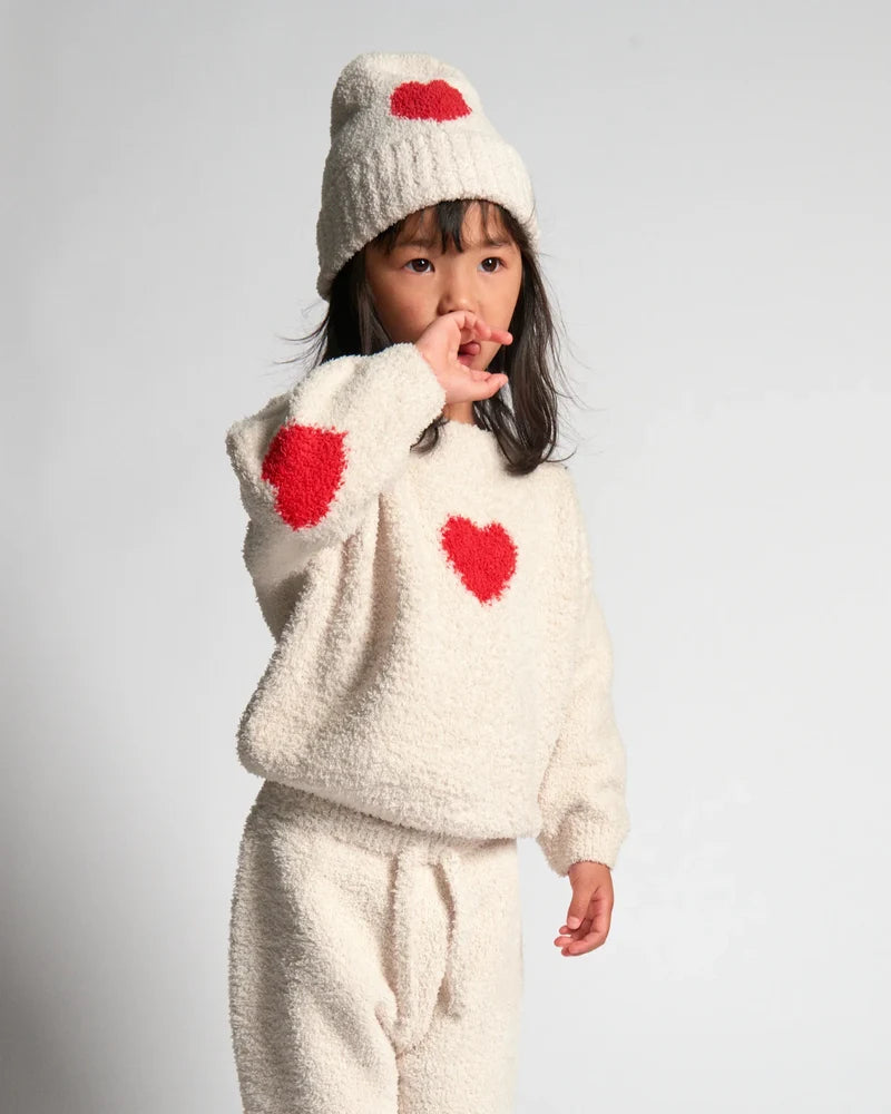 Fuzzy Heart Sweater Ecru Crimson
