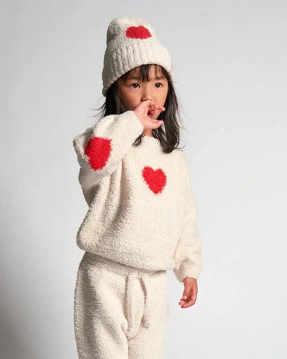 Fuzzy Heart Sweater Ecru Crimson