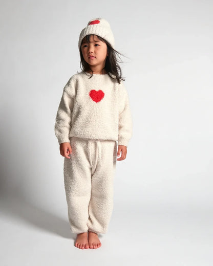 Fuzzy Heart Sweater Ecru Crimson