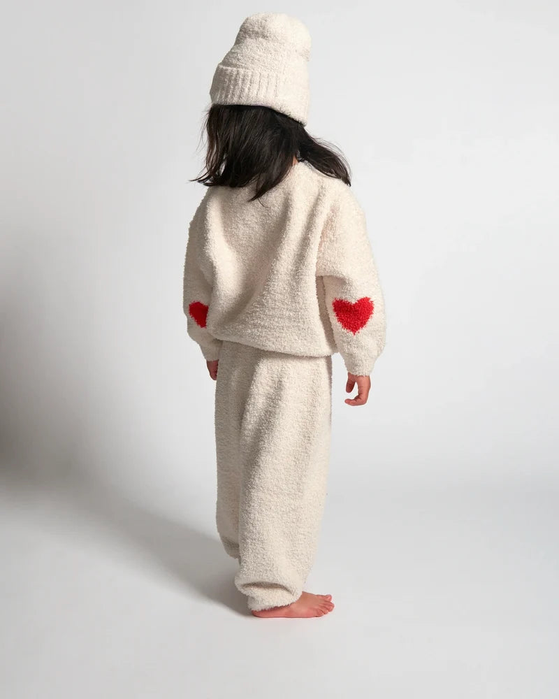 Fuzzy Heart Sweater Ecru Crimson