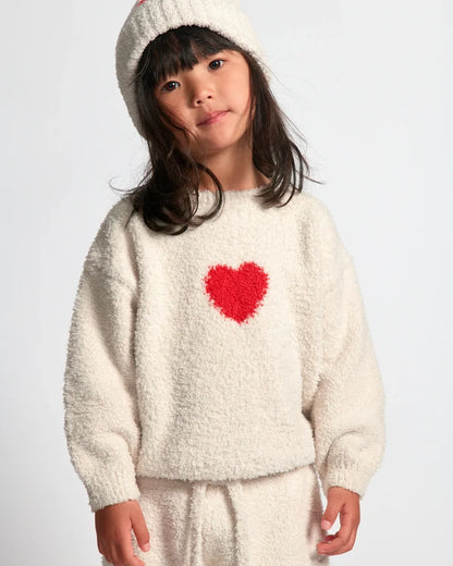 Fuzzy Heart Sweater Ecru Crimson