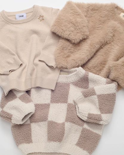 Fuzzy Checkers Sweater Ecru Taupe