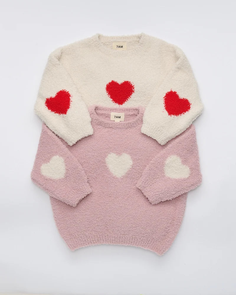 Fuzzy Heart Sweater Ecru Crimson