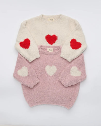 Fuzzy Heart Sweater Ecru Crimson