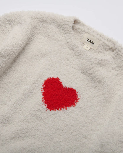 Fuzzy Heart Sweater Ecru Crimson