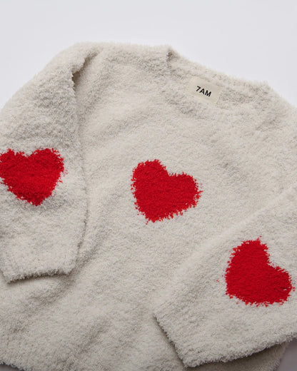 Fuzzy Heart Sweater Ecru Crimson