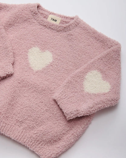 Fuzzy Heart Sweater Ash Rose Ecru