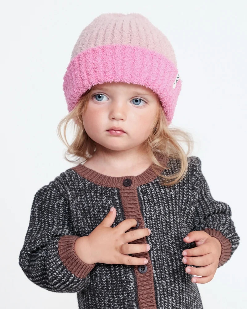 Two-Tone Fuzzy Ribbed Beanie Vivid Pink Ash Rose