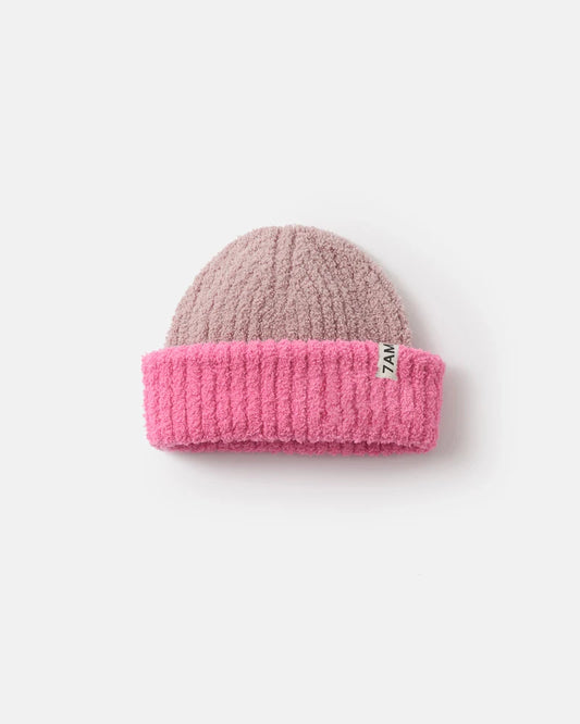 Two-Tone Fuzzy Ribbed Beanie Vivid Pink Ash Rose