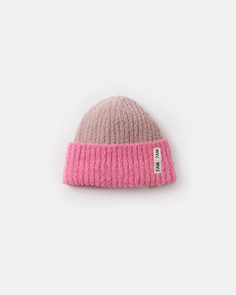 Two-Tone Fuzzy Ribbed Beanie Vivid Pink Ash Rose