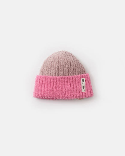 Two-Tone Fuzzy Ribbed Beanie Vivid Pink Ash Rose