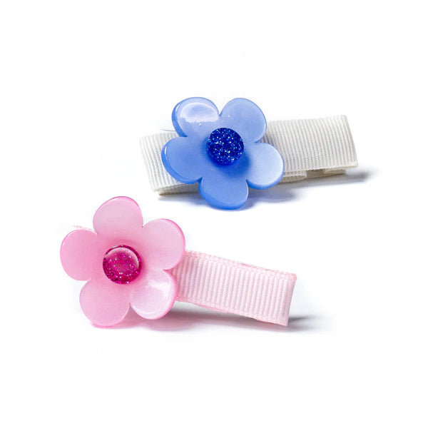 Flower Vania Baby in Satin Blue and Light Pink Hair Clips