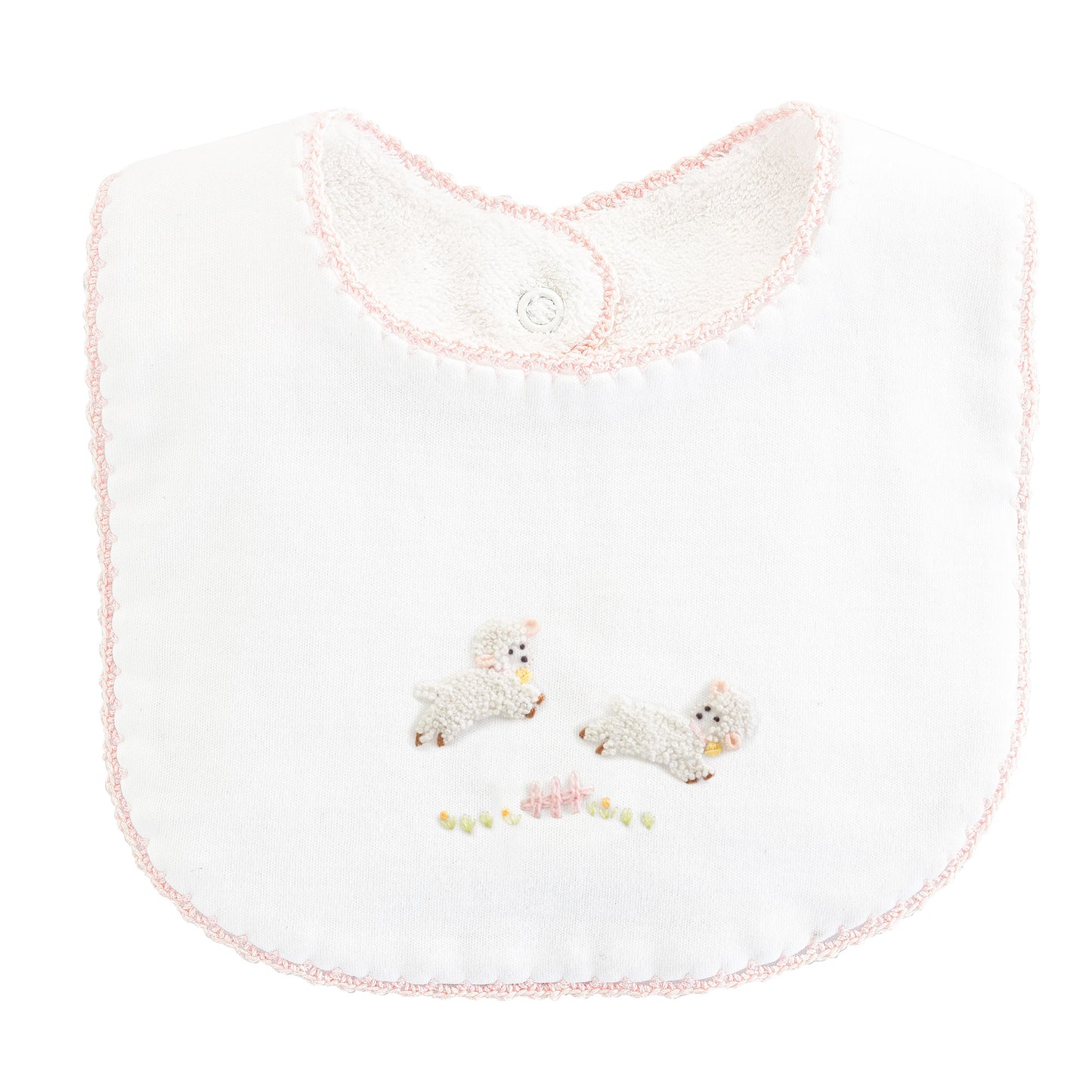 Baby Lambs Bib w/Pink Crochet Trim