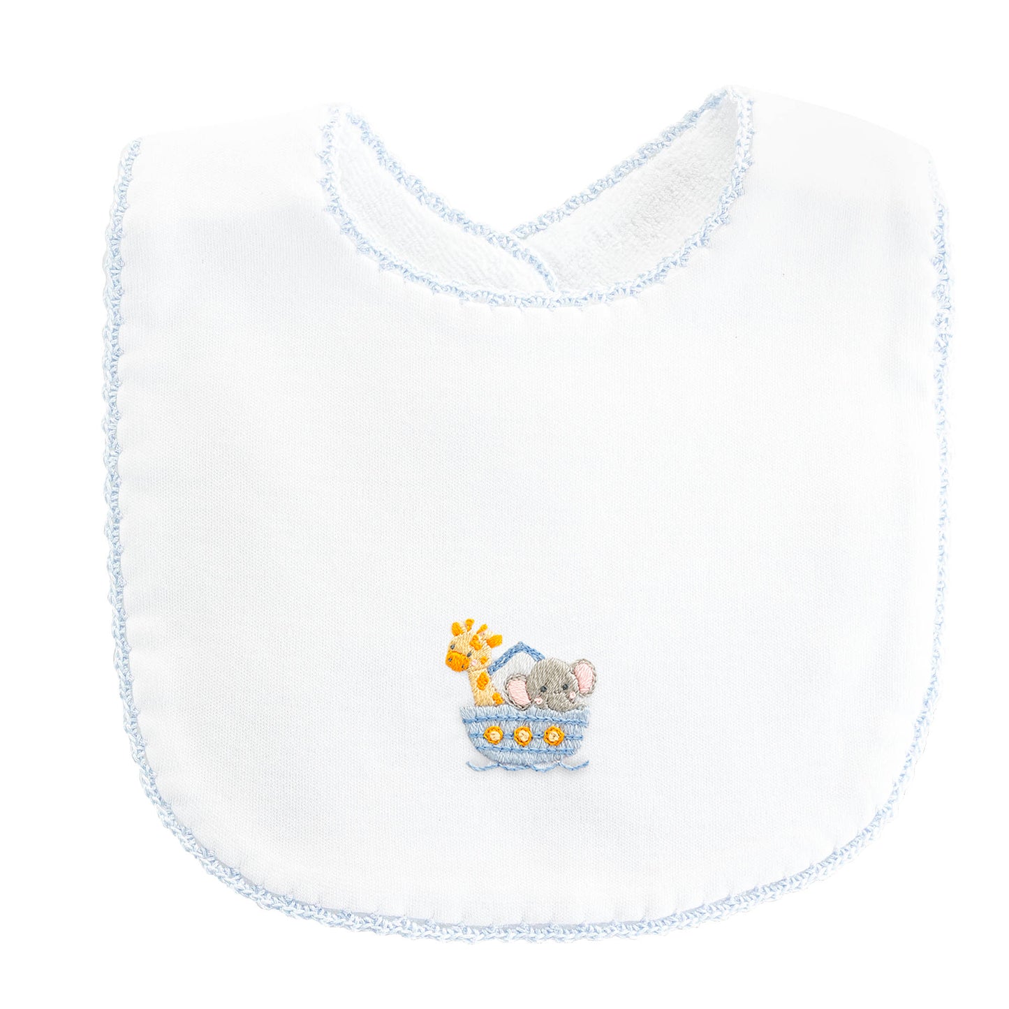 Noahs Ark Bib w/Blue Crochet Trim