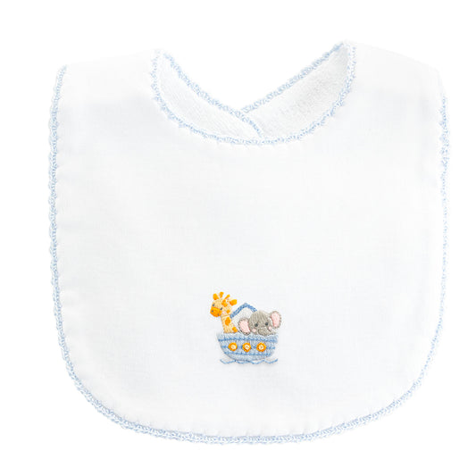 Noahs Ark Bib w/Blue Crochet Trim