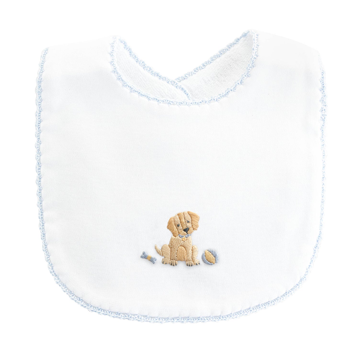 Good Puppy Bib w/Blue Crochet Trim