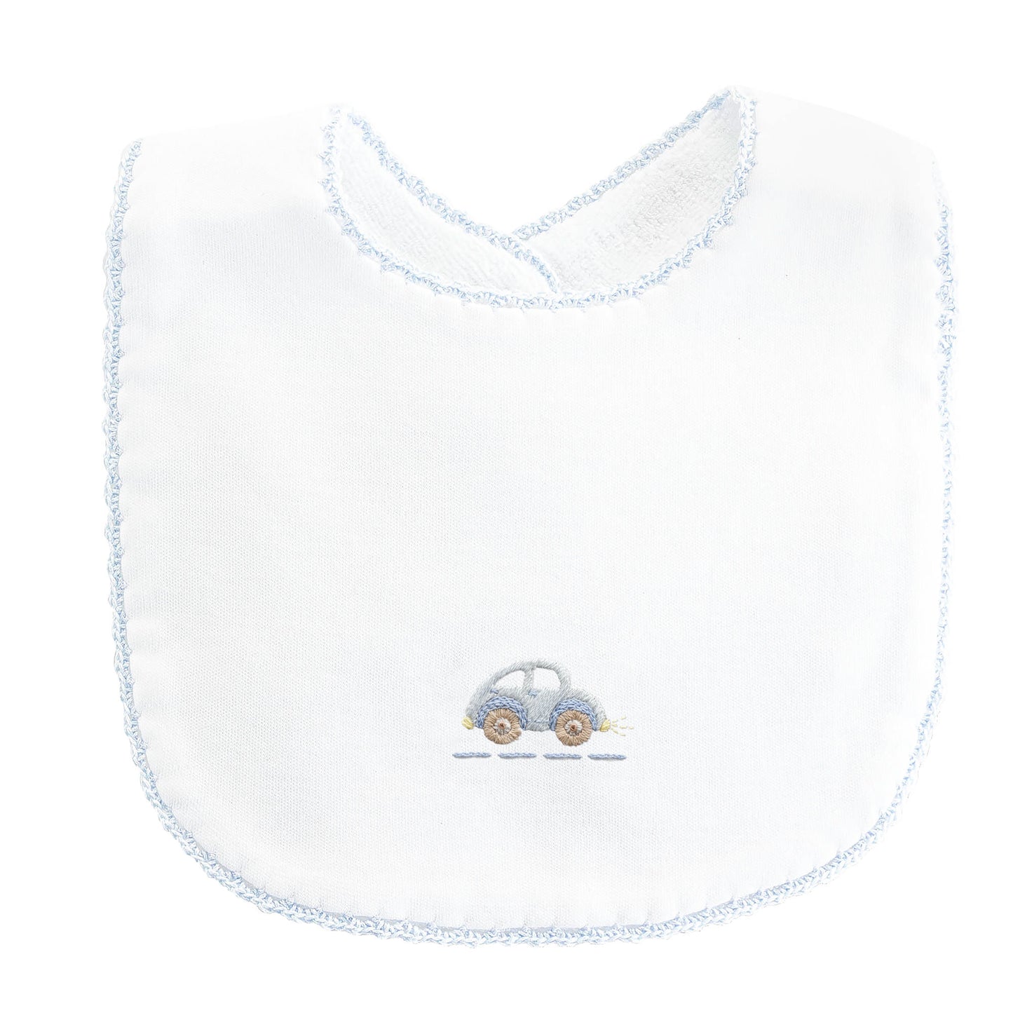 Vintage Car Bib w/Blue Crochet Trim