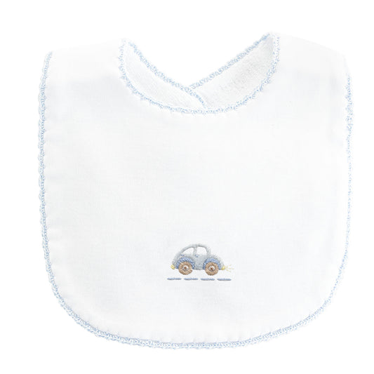 Vintage Car Bib w/Blue Crochet Trim