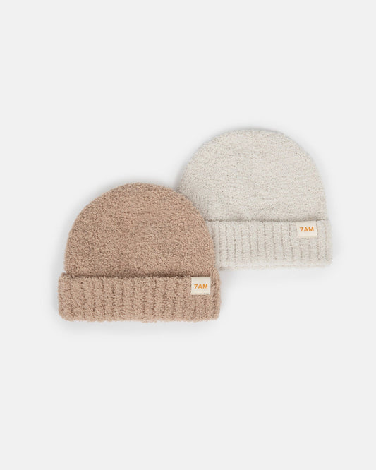 Fuzzy Beanies Set of 2 - Pecan & Ecru