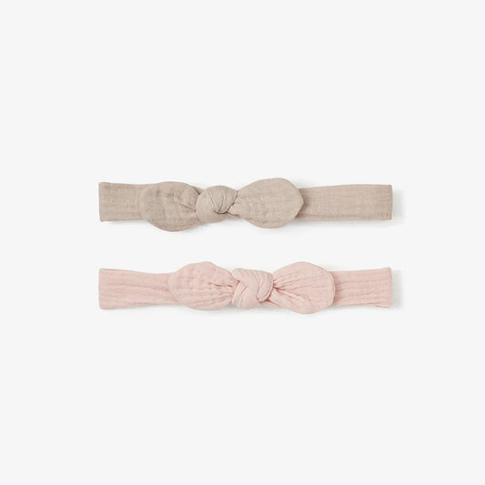 Organic Muslin Bow Headband Set Taupe and Pink 0-12M