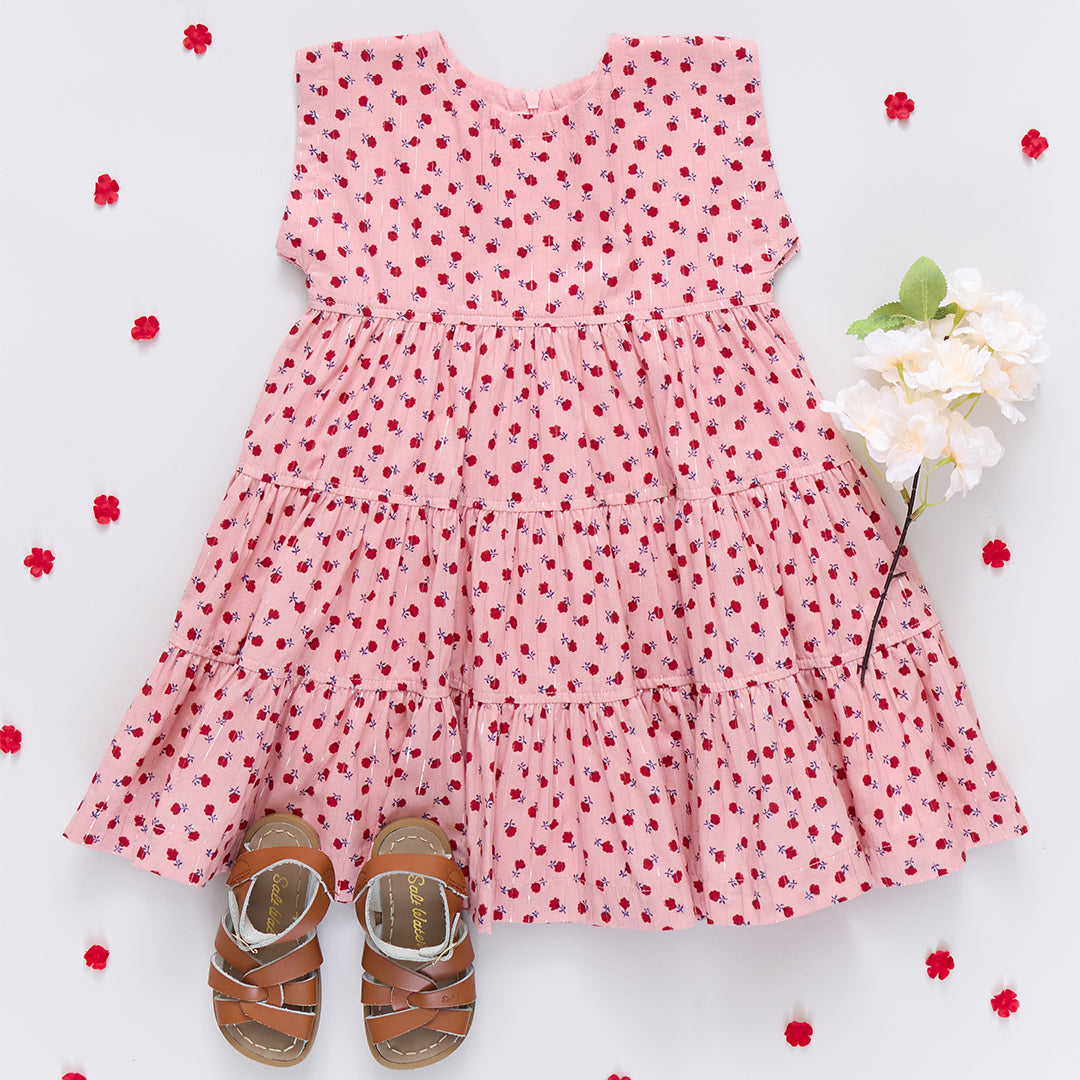Girls Peachy Dress-pink tiny roses