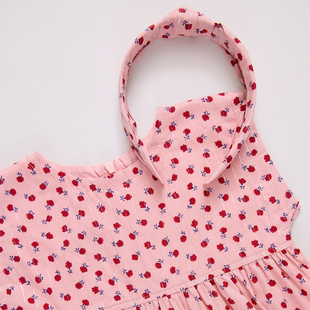 Girls Peachy Dress-pink tiny roses